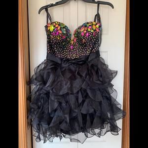 Sherri Hill Womens Back Zip Sheer Fringe Crystal Sweetheart Dress Black Size 6 L